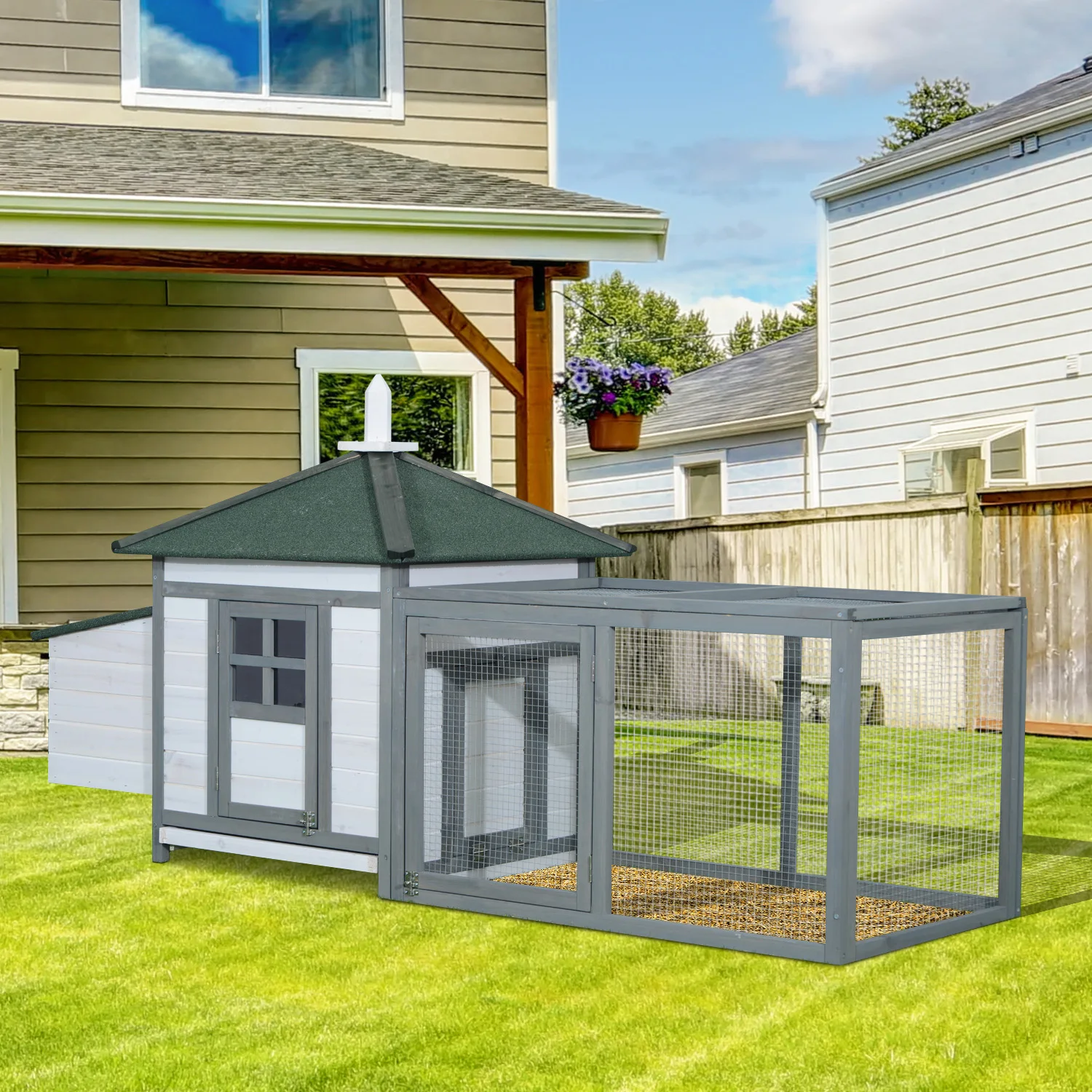 PawHut Gallinero de Madera Exterior, Jaula para Gallinas con Nidos, Corral, Bandeja Extraíble, Tapa Abatible, 196x76x97 cm - imagen 2