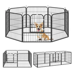 PawHut Parque para Mascotas Perros 8 Vallas 80x80 cm Corral Plegable con Puerta y Doble Pestillo Paneles Metálicos Negro