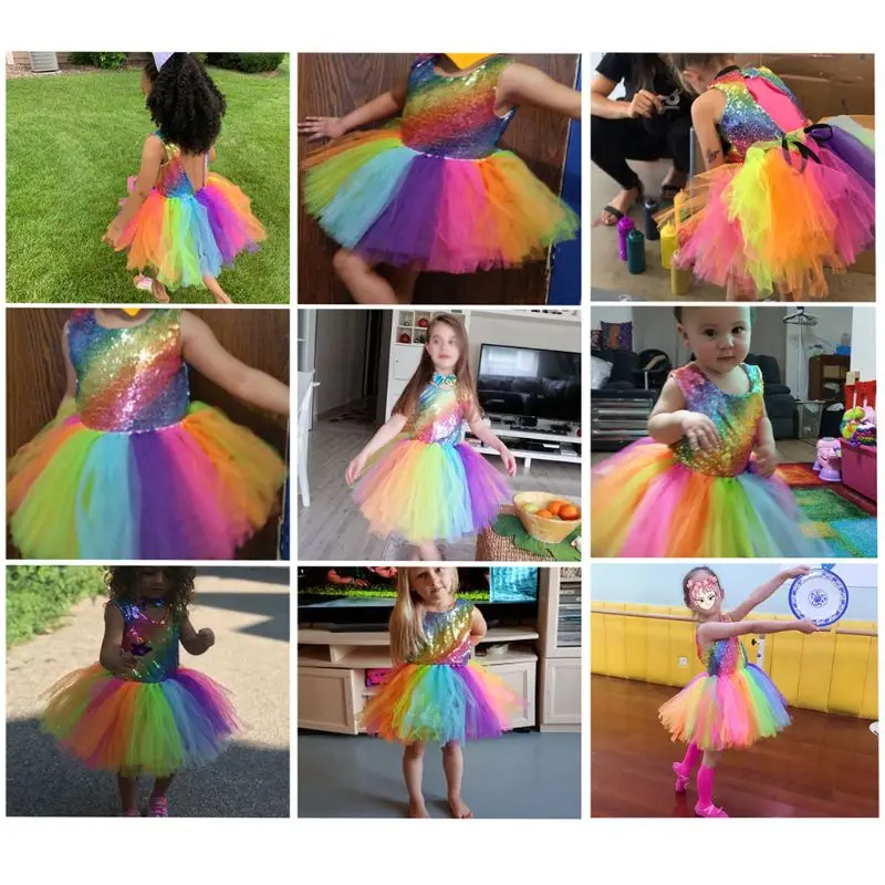 Disfraz de baile para niños, traje de princesa con lentejuelas de arcoíris, malla colorida, tutú, fiesta de máscaras, juego de rol, ropa para niños - imagen 3