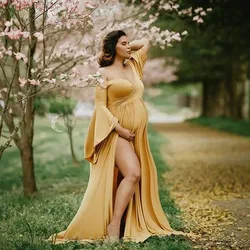 Vestido maternidad algodón con volantes – Manga abombada sin hombros