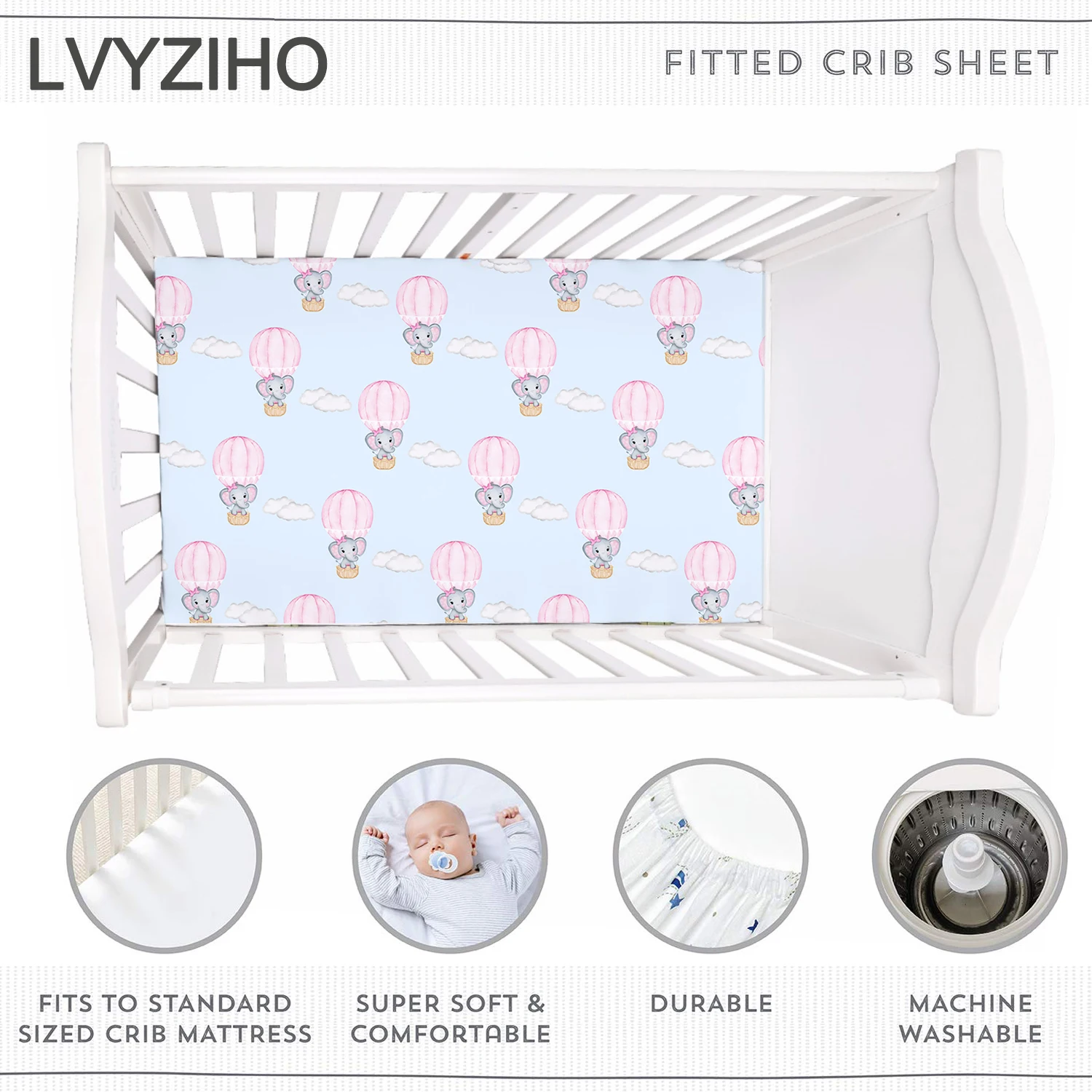 LVYZIHO-globo de aire caliente para bebé, Sábana de elefante de 28x52 pulgadas, ajustada, Protector de colchón de cuna, Sábana elástica ajustada - imagen 2