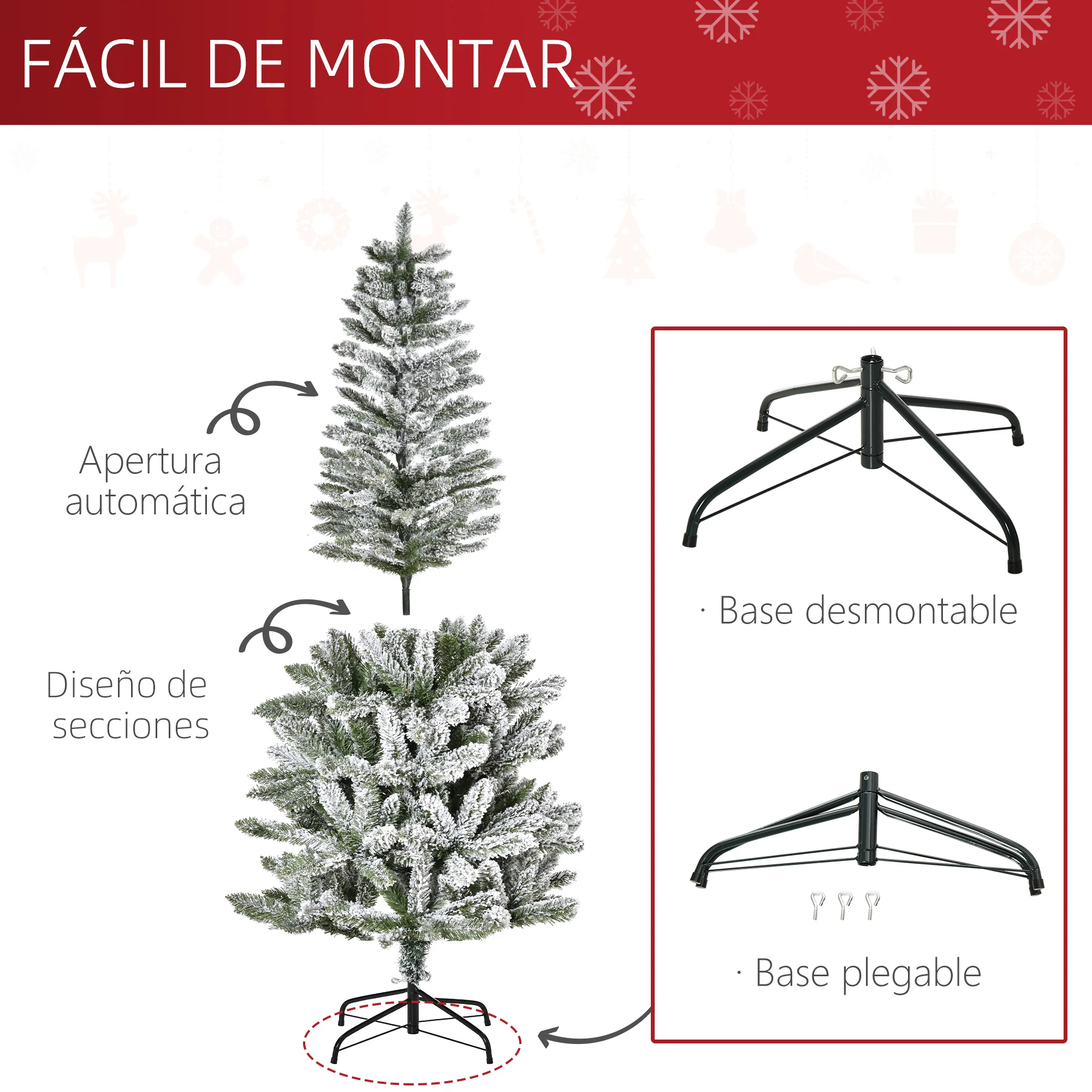 HOMCOM Árbol de Navidad Nevado Artificial 180 cm con 394 Ramas Ignífugas de PVC Base Plegable y Soporte de Acero Decoración Interior Navideña Ø60x180 cm Verde y Blanco - imagen 3