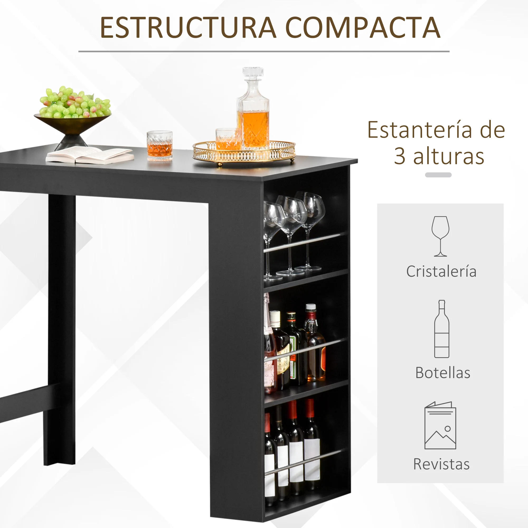 HOMCOM Mesa de Bar de Bistró con 3 Estantes y Barandillas Estilo Moderno para Cocina Salón Melamina de Madera 112x57x106cm - imagen 2