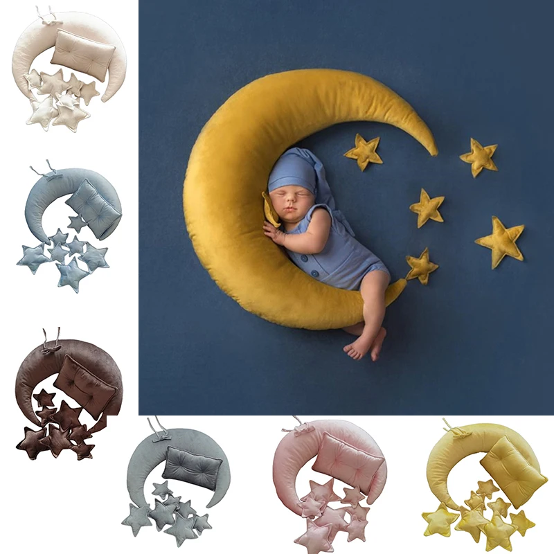 Accesorios de fotografía para recién nacidos, almohada cuadrada de Luna y estrellas, Kit de almohada de media luna, accesorios de fotografía para bebés