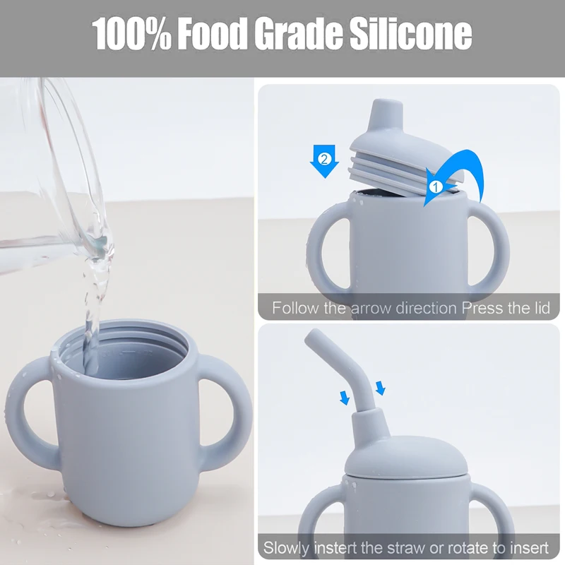 Taza de pajita de alimentación líquida de silicona personalizada, taza plegable para beber para niños, botella de agua doble a prueba de fugas, cosas para bebés - imagen 4