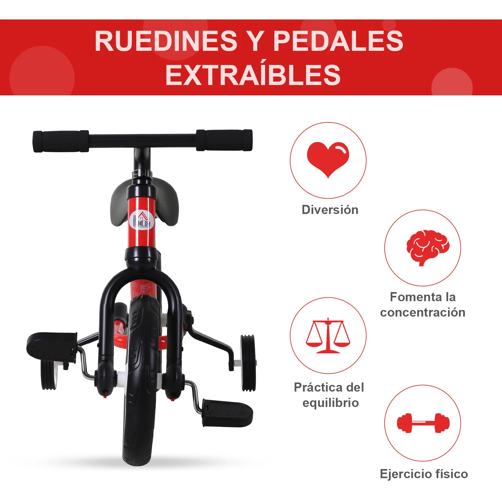 HOMCOM Bicicleta de Equilibrio con Pedales y Ruedas Entrenamiento Extraíbles Altura Regulable 33-38cm Niños 2-5 Años - imagen 4