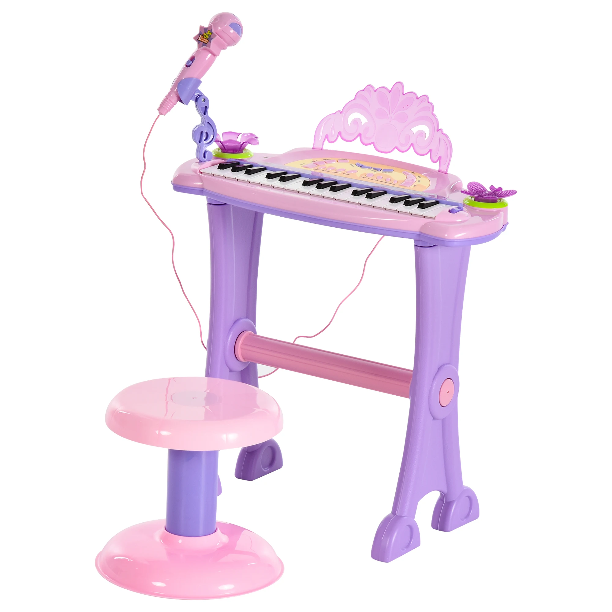 HOMCOM Teclado Electrónico Infantil 32 Teclas Juguete Musical con Micrófono Taburete Luces Variedad Sonidos Rítmos MP3 Rosa