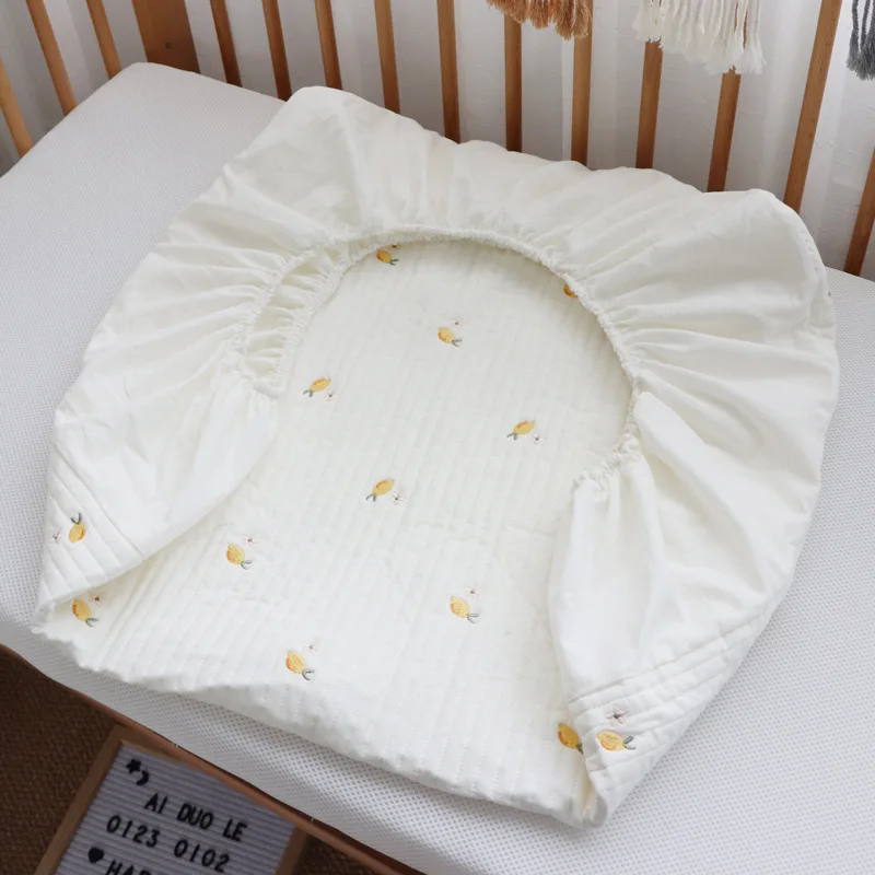 Sábana bajera elástica acolchada de algodón coreano con bordado de estrellas y cereza, limón, oso, sábanas para cuna de bebé, ropa de cama, funda de colchón - imagen 5