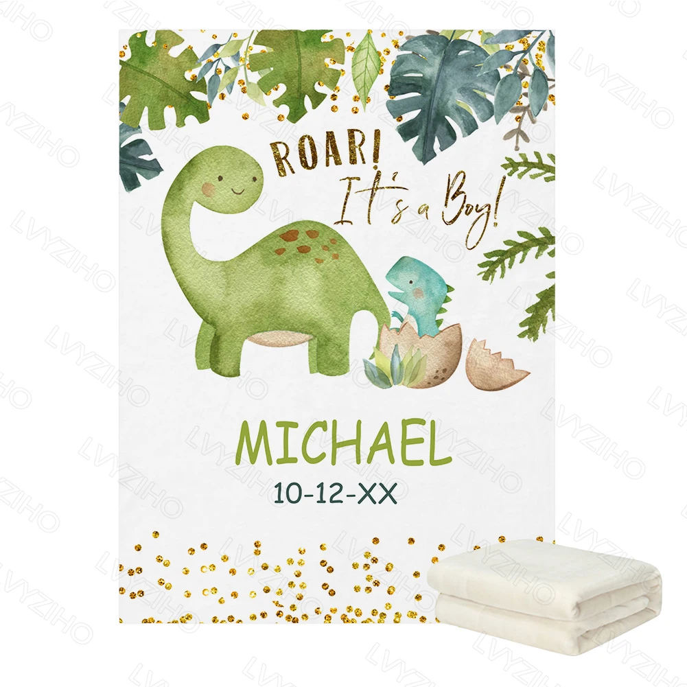 Manta polar personalizada con nombre de bebé – Dinosaurios y mariposas - imagen 3