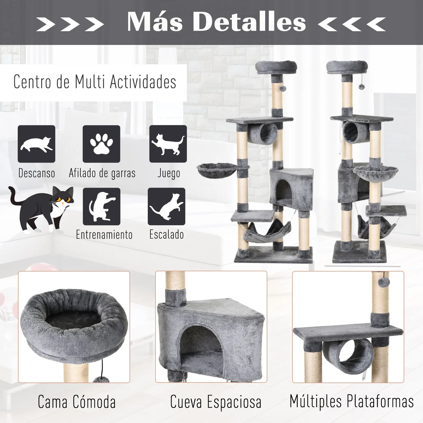 PawHut Árbol Rascador para Gatos 154 cm de Altura Escalador con Plataformas Túnel Hamaca y Postes de Rascado de Sisal, Gris - imagen 4