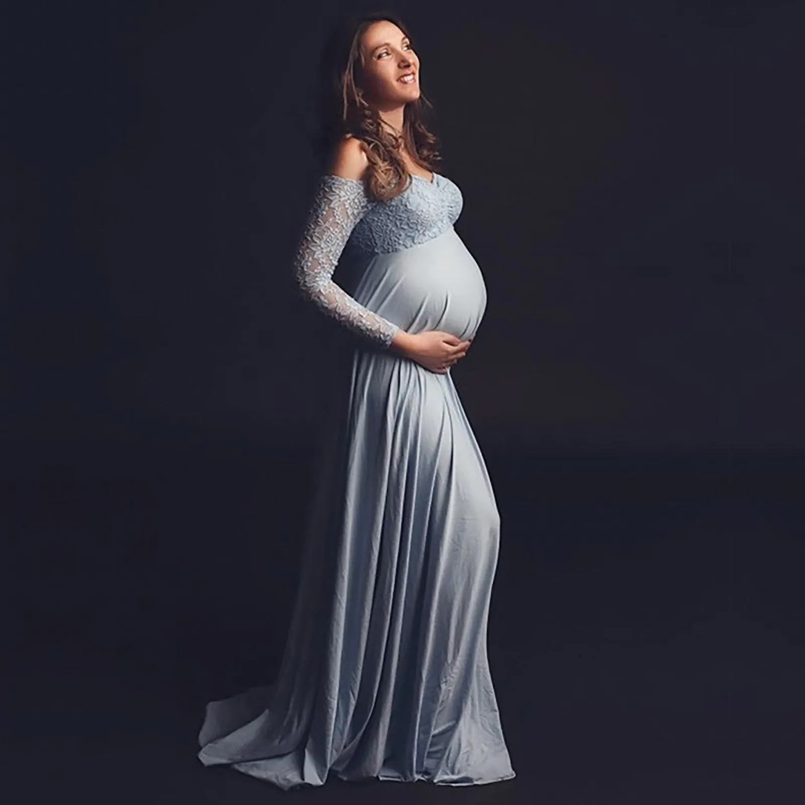 Accesorios de fotografía para embarazadas con costura de encaje y cuello en V para mujer, vestido largo de maternidad Одеж Бе eusм desain onderdelenх, ropa de maternidad