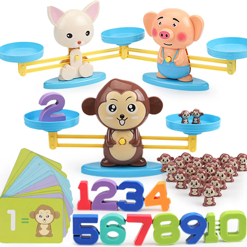 Balanza de equilibrio mono Montessori – Juguete educativo de números y colores