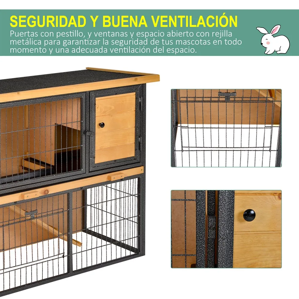 PawHut Conejera de Exterior para Mascotas Pequeñas 2 Niveles con Rampa Bandeja Extraíble Puertas 89,5x45x81 cm Madera y Gris - imagen 5