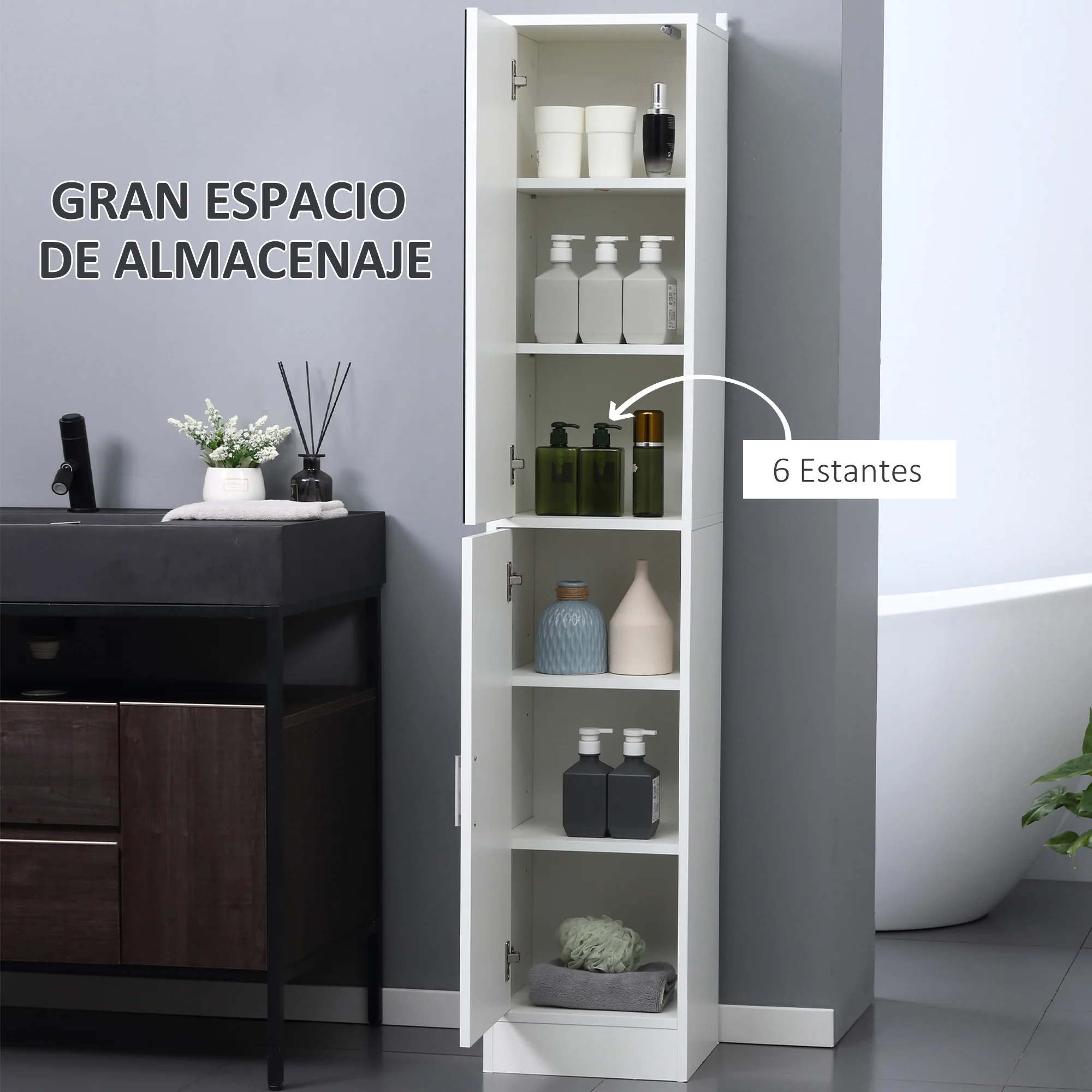 kleankin Armario para Baño Alto Mueble Columna de Baño con Espejo 2 Puertas y Estantes Interiores Ajustables Multiusos para Cocina Salón 32x28x162 cm Blanco - imagen 3