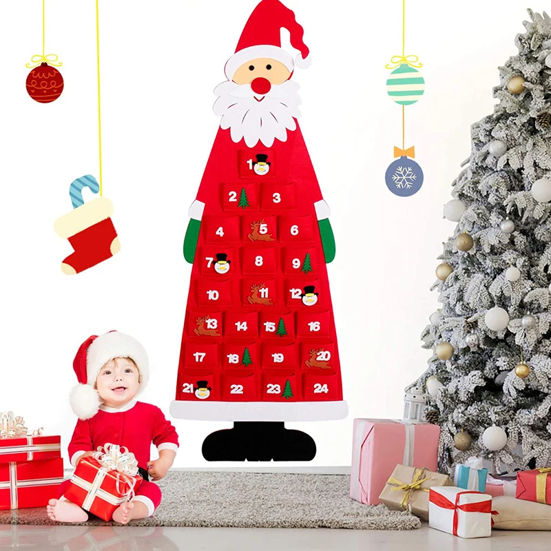 Calendario de Adviento de fieltro de Navidad para niños, colgante de pared, Papá Noel, calendario de adviento con bolsillos, juguetes para niños, regalo de Navidad, 24 días