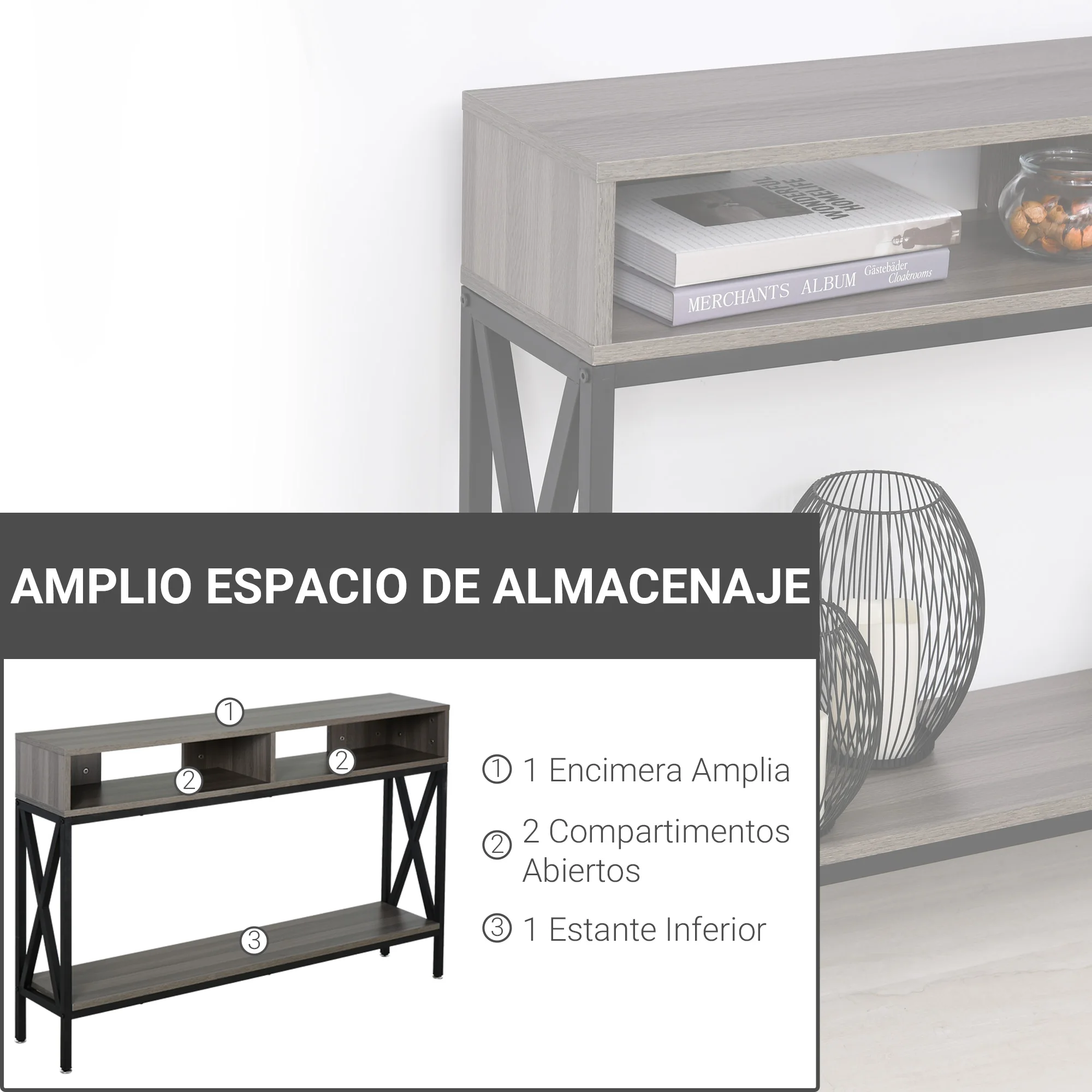 HOMCOM Mueble Recibidor Mesa Consola EIndustrial Vintage con 3 Estantes y Marco Metálico para Entrada Pasillo 20x23,5x75 cm - imagen 3