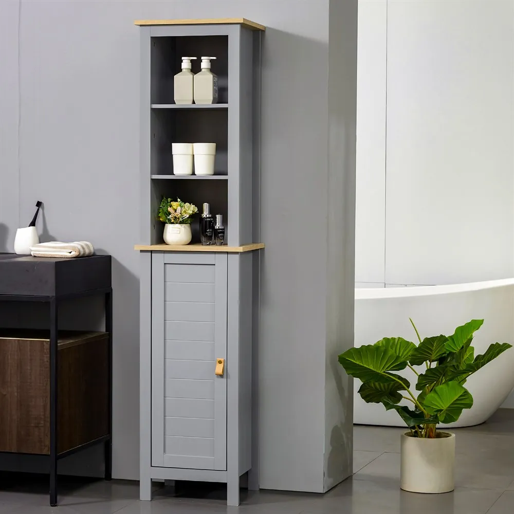 kleankin Armario Alto de Baño Mueble Columna Estrecho Moderno con 1 Puerta Estante Ajustable y 3 Compartimentos 39x30x168cm Gris - imagen 2