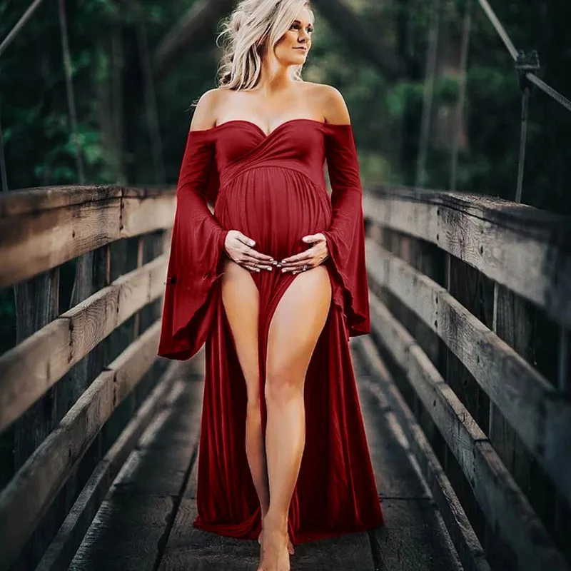 Vestidos de maternidad de algodón para sesión de fotos, sexys, sin hombros, con volantes para embarazadas, maxivestido largo de embarazo con manga abombada - imagen 2