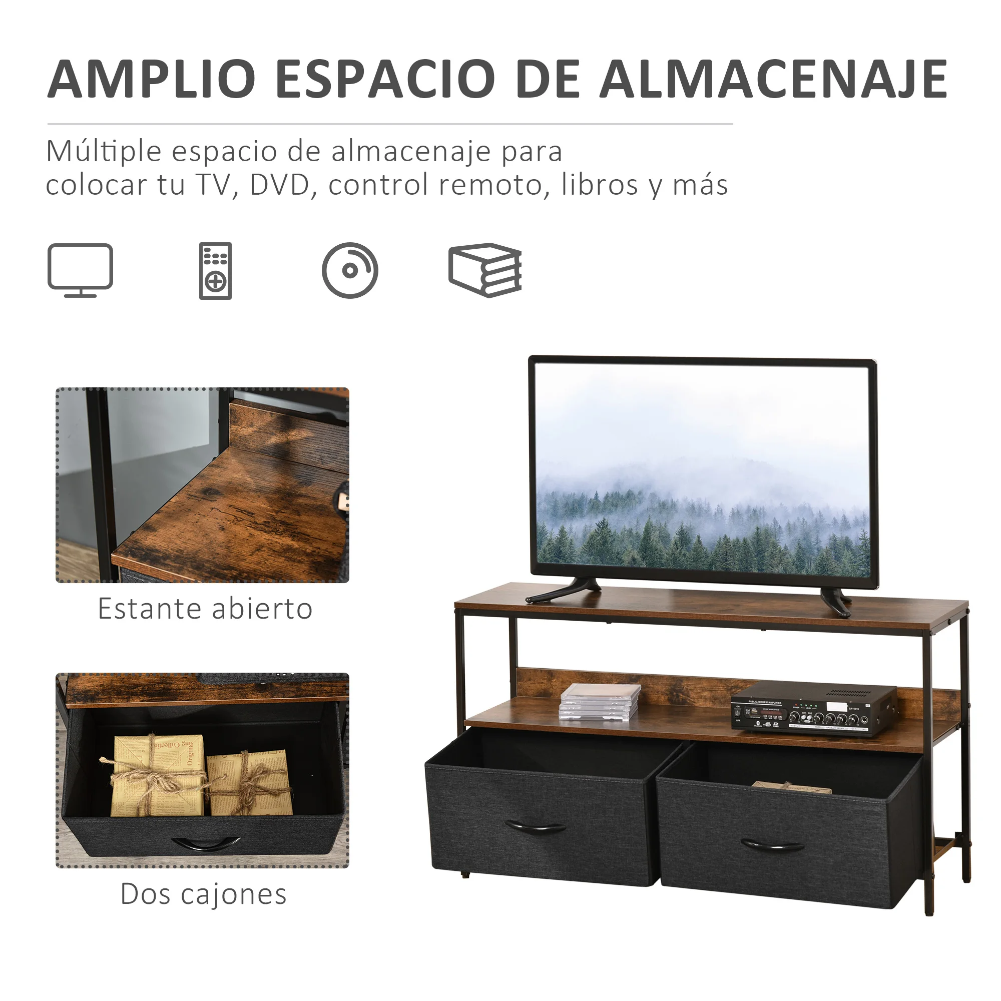 Homcom Tv Cabinet up to 47"" Industrial Style with Shelf and 2 Folding Fabric Drawers for Living Room Bedroom 98X29X56 cm - imagen 3