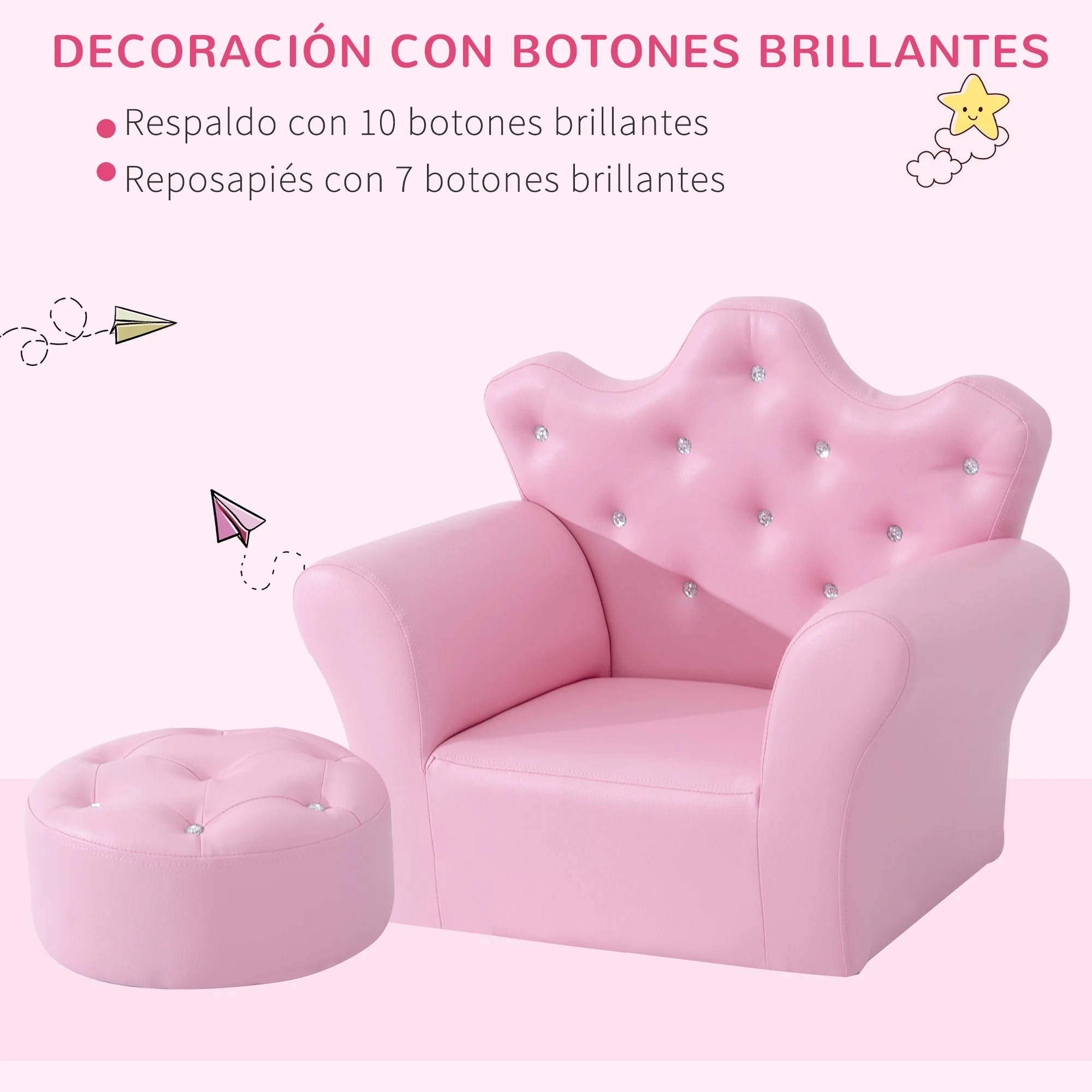 HOMCOM Sofá para Niños con Taburete Sillón Infantil Decorativo con Respaldo Alto en Forma de Corona 58x40,5x49 cm Rosa - imagen 4