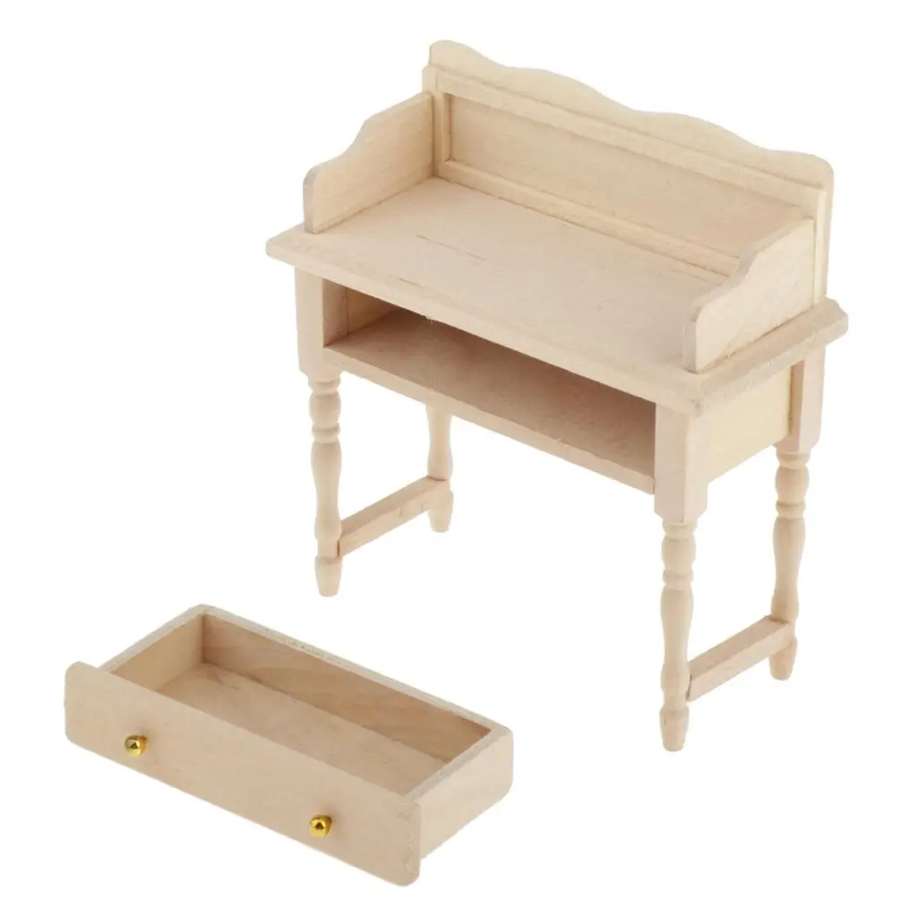 Wooden Writing Desk Makeup Vanity Table for 1/12 Dollhouse Miniature Furniture Living Room Bedroom DIY Decorations