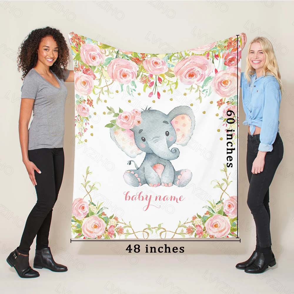 LVYZIHO-Manta de lana de franela para bebé, manta con nombre personalizado, elegante flor, elefante, bebé, niña/niño, Blanket-30x40/48x60/60x80 pulgadas - imagen 5