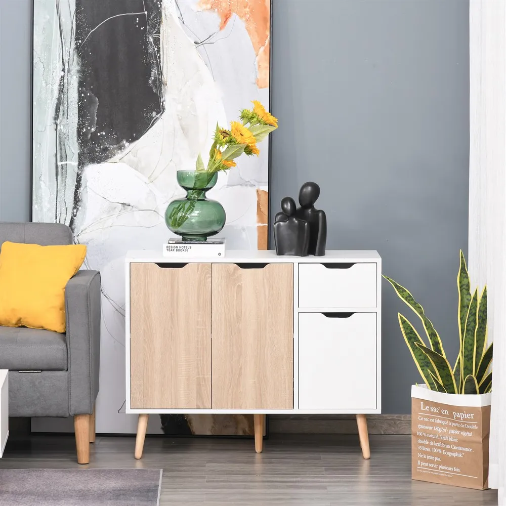 HOMCOM Aparador Auxiliar Mueble de Almacenaje con 2 Armarios Puerta y Cajón de Madera para Cocina Dormitorio 90x30x72cm Blanco - imagen 2