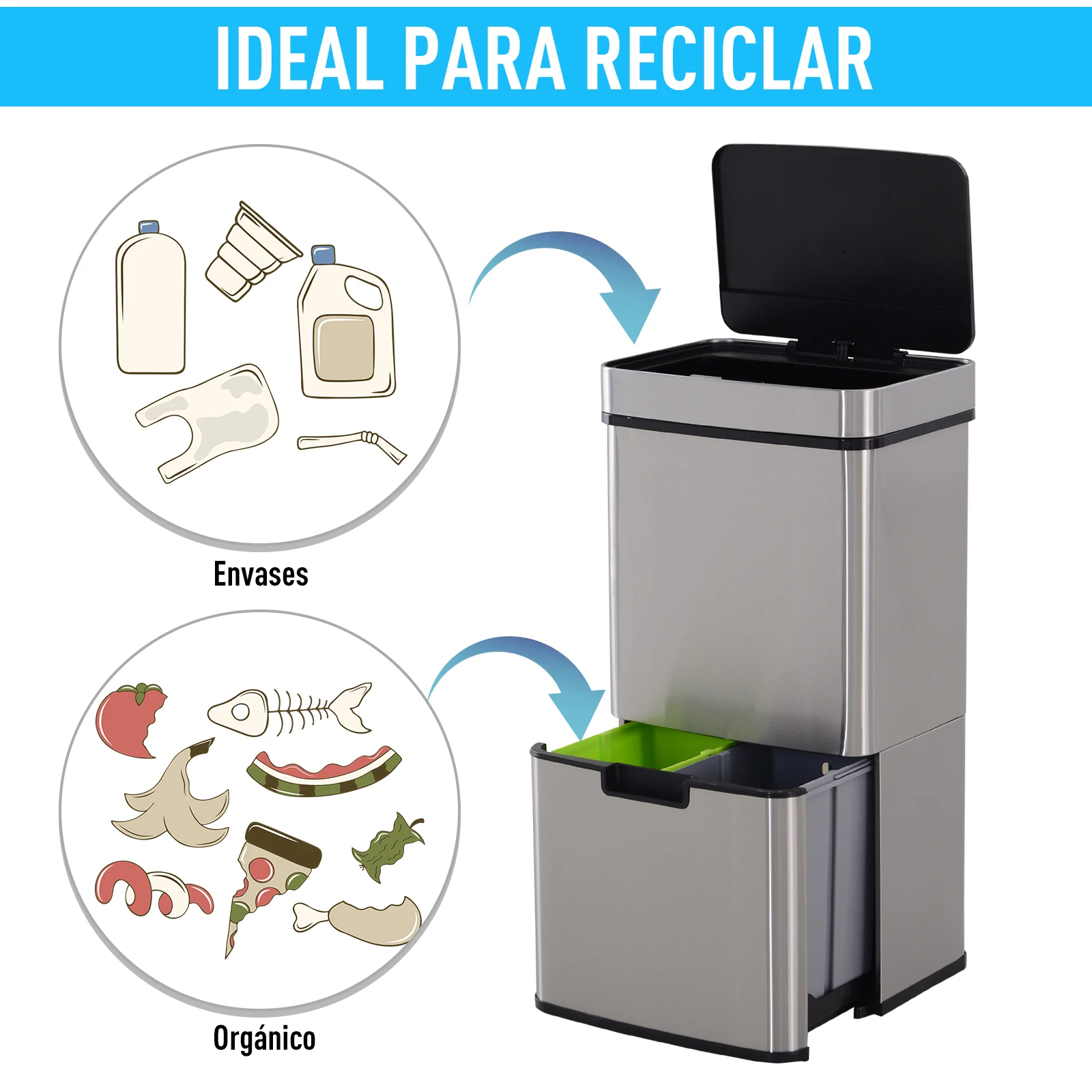 HOMCOM Cubo de Basura para la Cocina Apertura Automática Sensor Papelera de Cocina o Dormitorio 72L Acero Inox - imagen 4