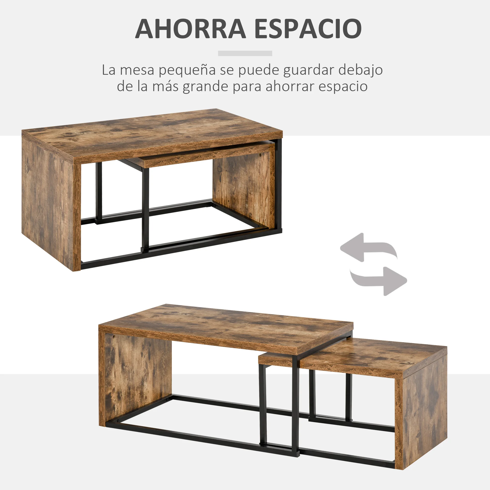 HOMCOM Juego de 2 Mesas de Centro Mesitas de Café con Patas de Metal Estilo Industrial 90x48x42 cm y 59x42x36 cm Marrón Rústico - imagen 4