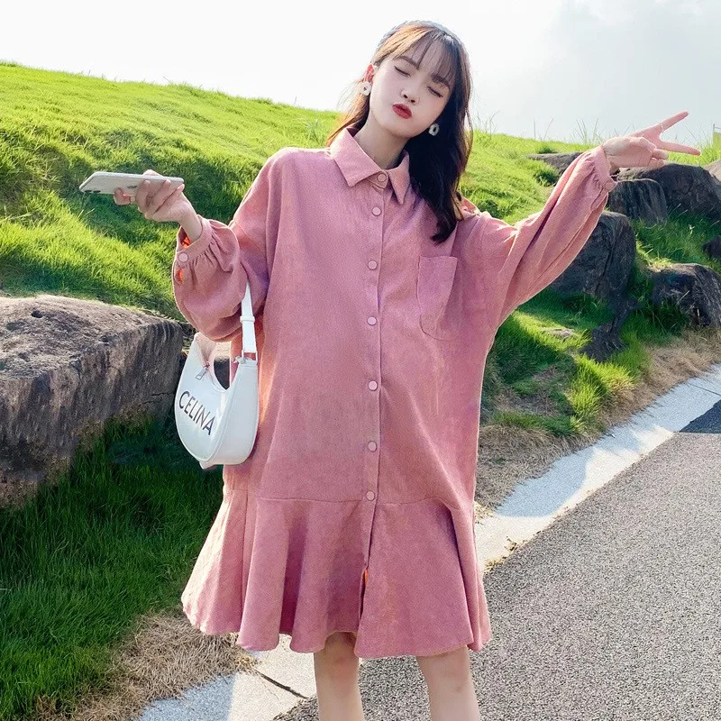 Ropa de maternidad para mujer, vestido camisero de manga larga hasta la rodilla con botones de pana, ropa femenina embarazada para primavera y otoño 2022 - imagen 2