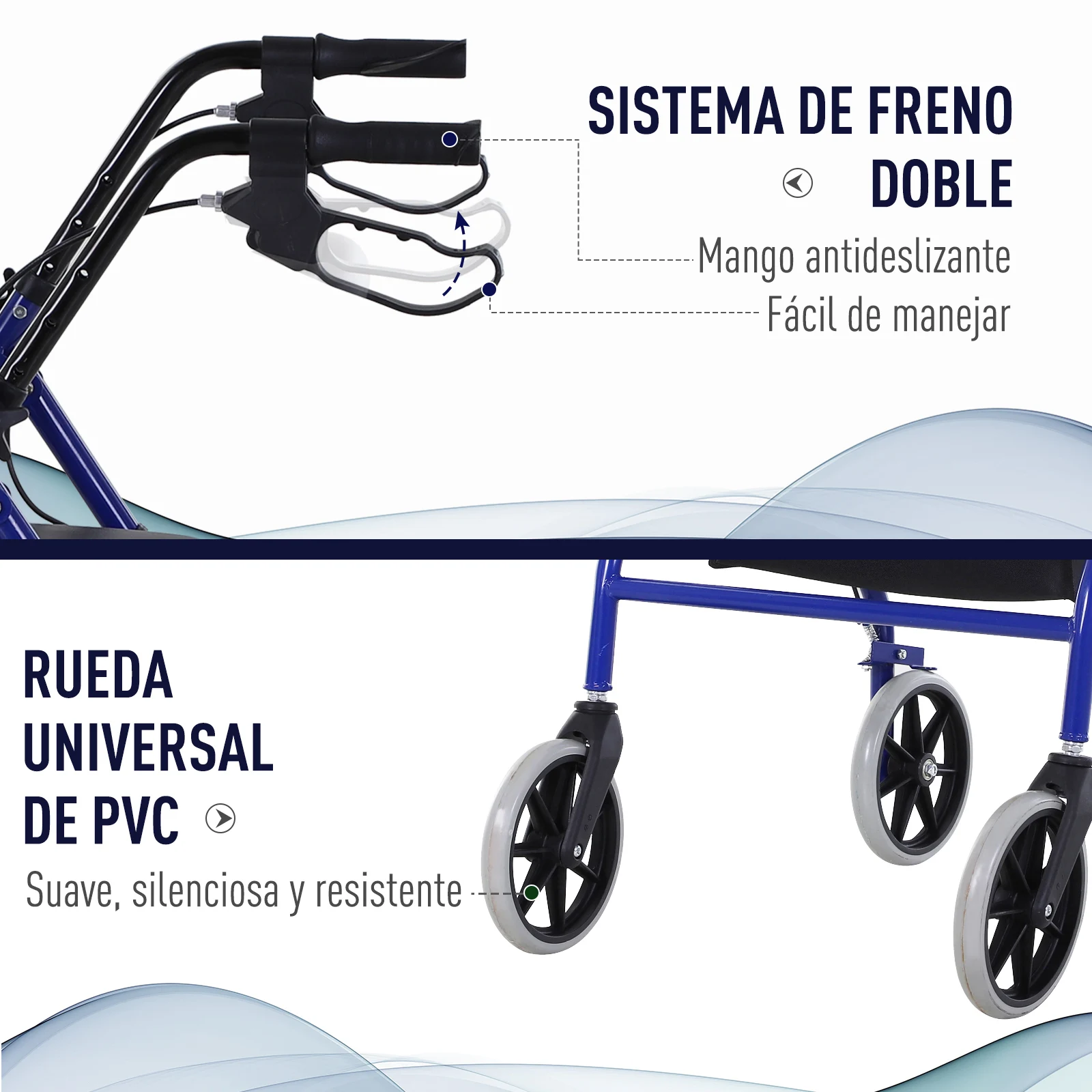 Andador para Adultos Plegable 2 en 1 con Asiento Acolchado Frenos Bolsa Incorporada Metal 77x55.5x84-93 cm Azul y Negro - imagen 5