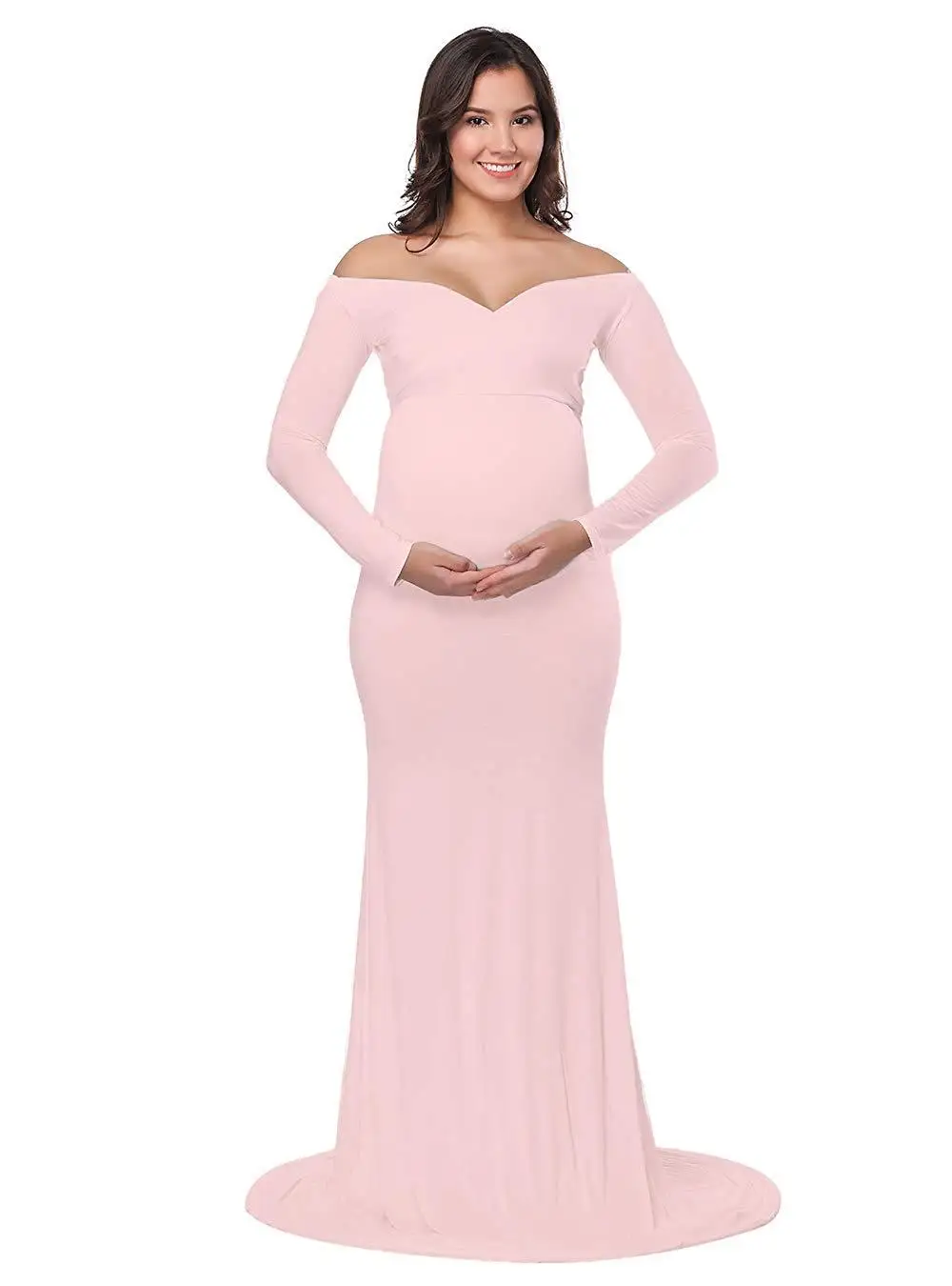 Vestido de maternidad elegante, ropa ajustada para sesión de fotos de embarazadas, manga larga, cuello en V, fruncido, ajustado, Maxi vestido largo para embarazadas, otoño - imagen 4