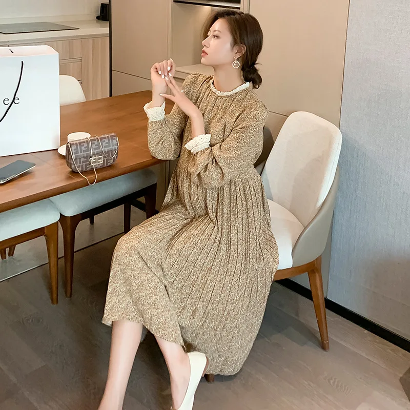2024 primavera moda coreana vestido largo de maternidad estampado Floral una línea ropa suelta para mujeres embarazadas corbatas cintura embarazo - imagen 4