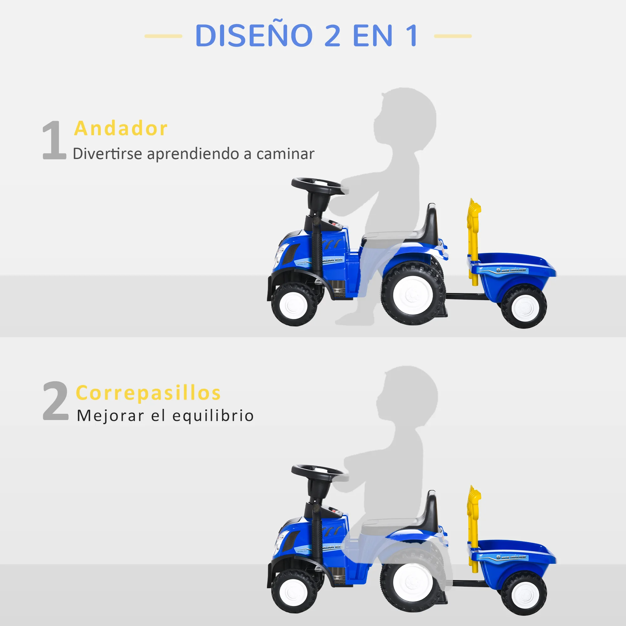 HOMCOM Tractor para Niños de 12-36 Meses con Remolque Extraíble Coche Correpasillos con Bocina Faros Pala y Rastrillo 91x29x44cm - imagen 3