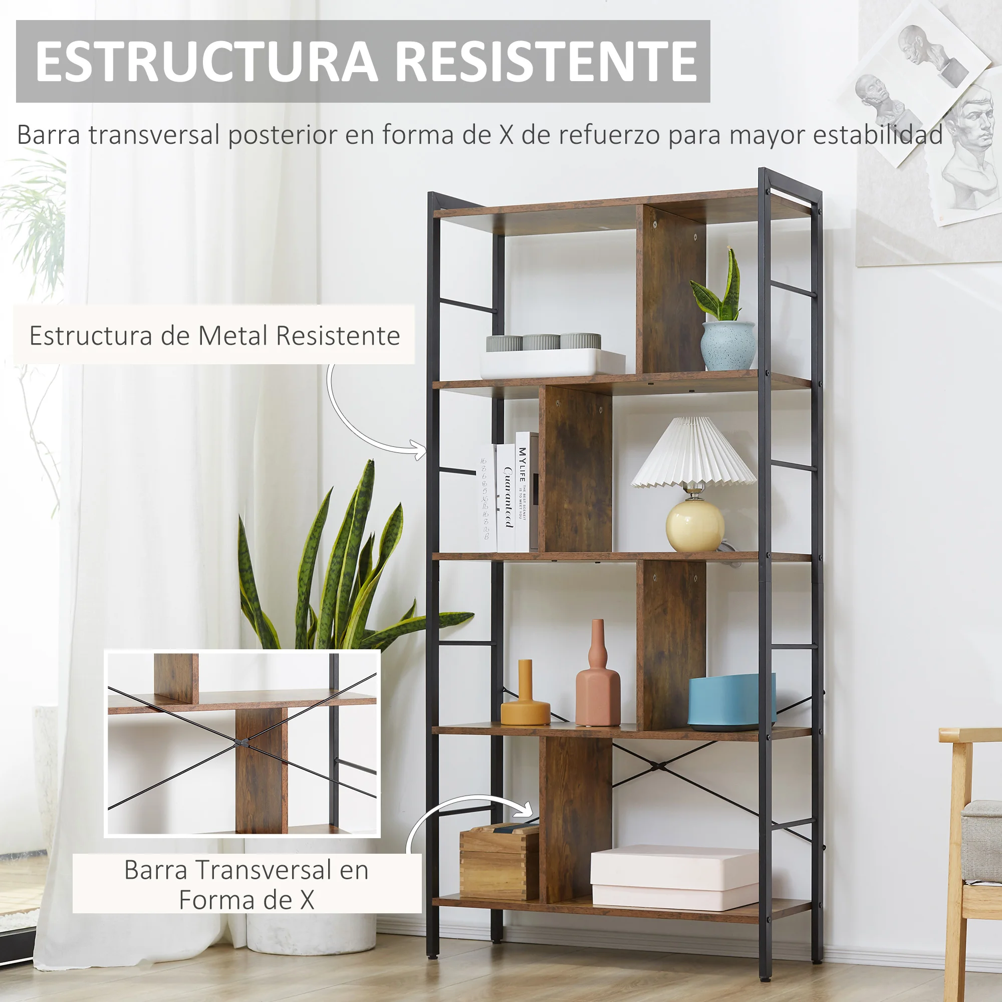 HOMCOM Estantería Librería de 4 Niveles con 8 Compartimentos de Almacenaje Industrial para Sala de Estar Oficina 74x30x157,5 cm - imagen 4
