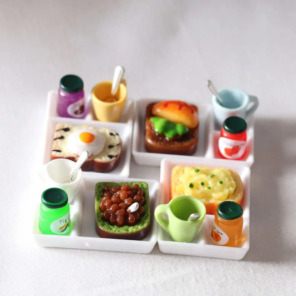 Juego de accesorios de cocina en miniatura para casa de muñecas, plato de cena, taza, cuchara, tostada, pan, mermelada, 5 unidades por juego