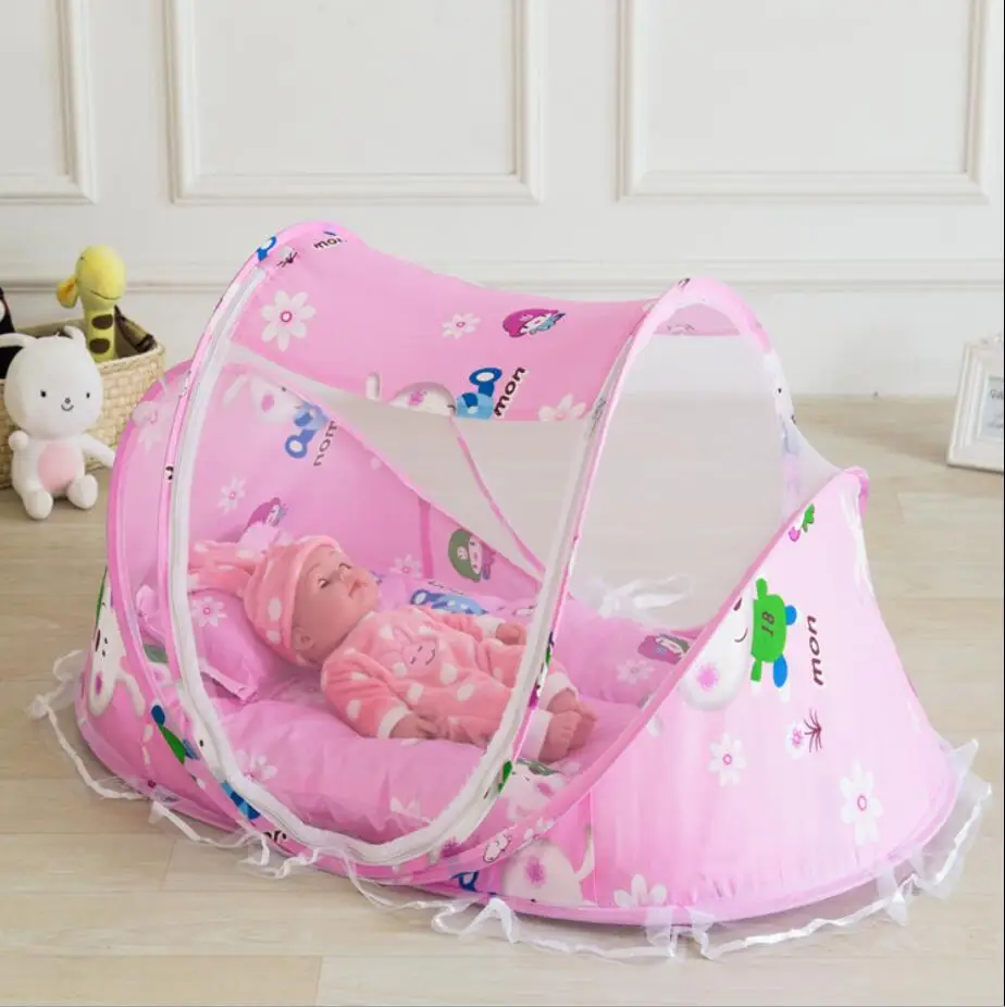 Mosquiteros portátiles para bebé al aire libre, colchón de cama y almohada, 3 unidades/juego, ropa de cama transpirable para bebé, cuna, cama azul, tienda de campaña, red para dormir - imagen 3