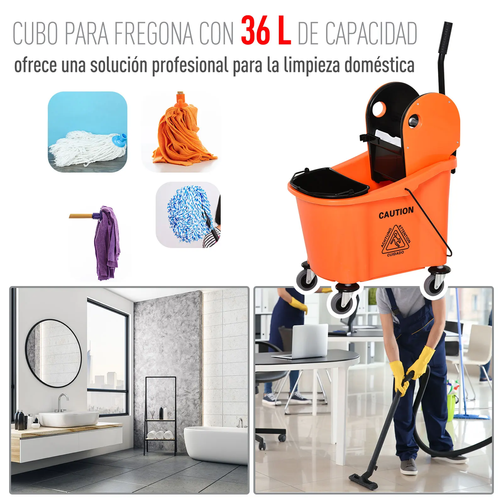 HOMCOM Cubo para Fregona Cubeta de Trapeador con Escurridor de Presión Abajo 36L con 4 Ruedas Silenciosas 2 Cubetas Separadas - imagen 3