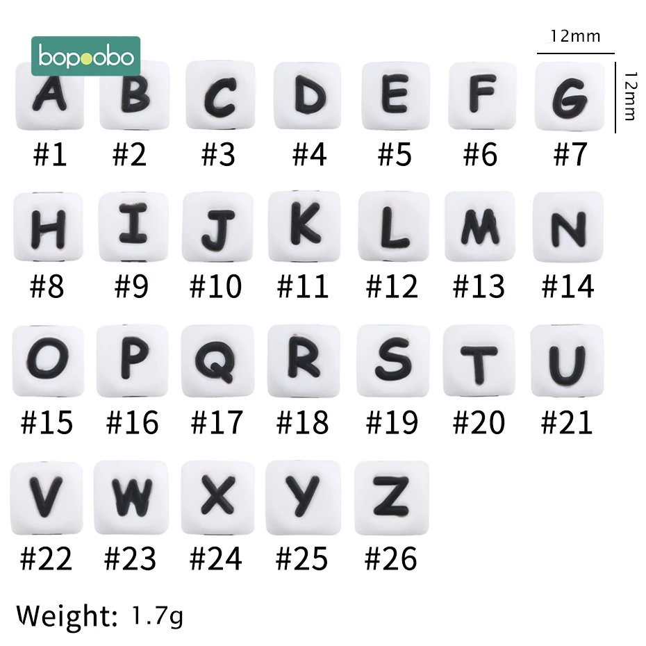 Bopoobo-Cuentas de silicona para dentición de bebé, mordedor con letras del alfabeto, sonajeros, perlas, 12MM, 20 unidades