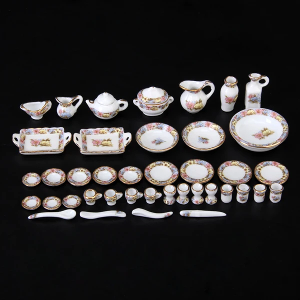 1:12 casa de muñecas vajilla en miniatura juego de té de porcelana plato taza plato 40 piezas