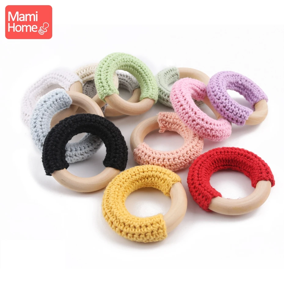 Anillo de madera de ganchillo para bebé, mordedor de dentición colorido, sonajero DIY, círculos de madera, mordeduras de bebé, regalo de enfermera, artículos para niños, 50mm - imagen 2