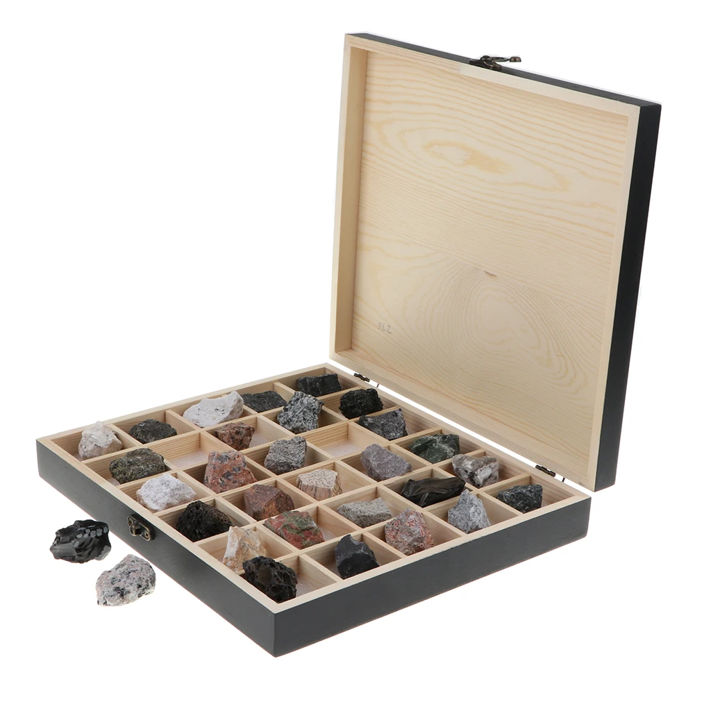 Rock & Mineral Collection - Igneous Rock Set Geology Specimens Earth Science Educational Toy - Wooden Box Of 30pcs Magmatic Rock