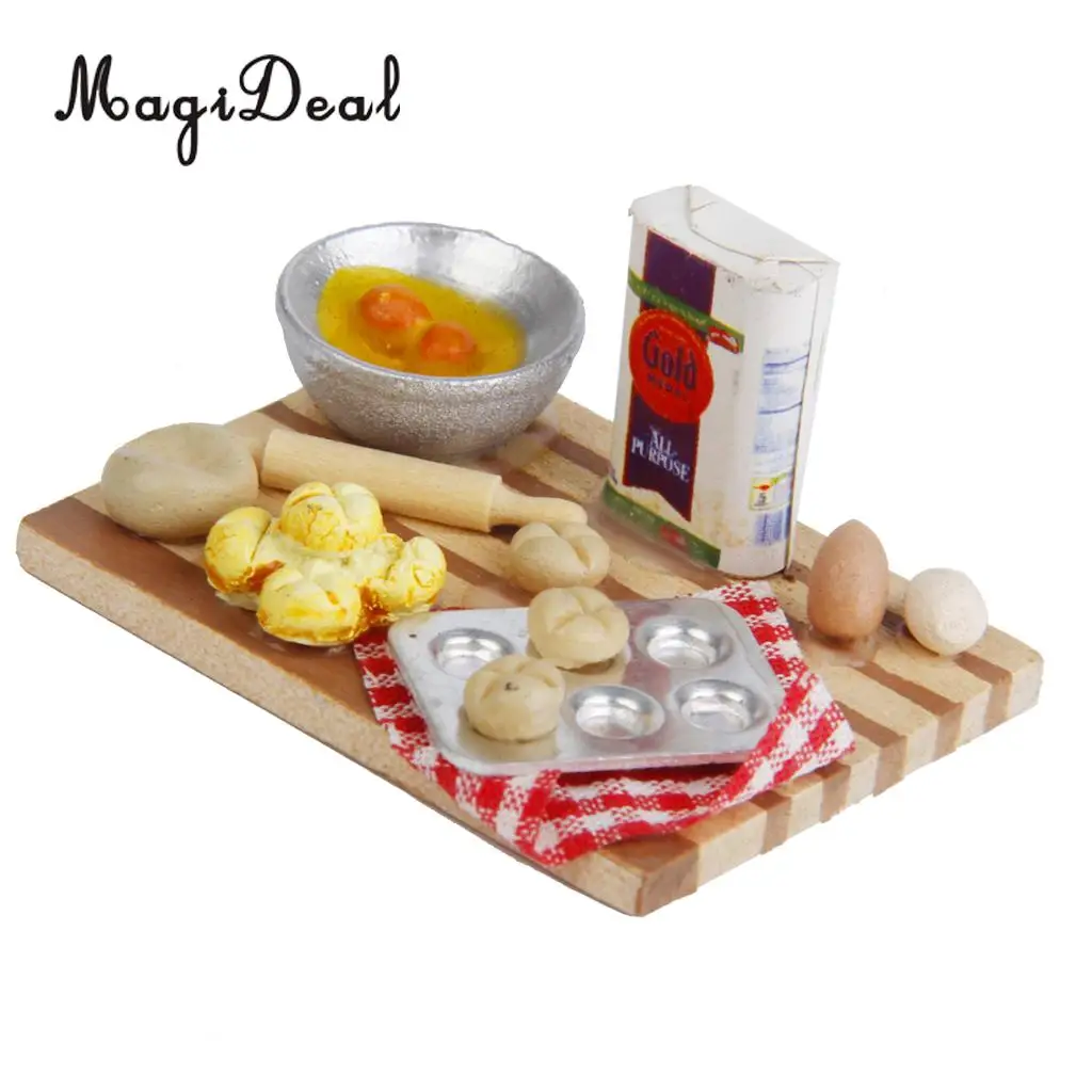 MagiDeal Colorful 1Set 1/12 Dollhouse Miniature Kitchen Food Eggs Milk Bread on Board for Kids Role Play Game Tableware Cookware