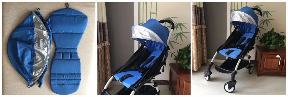 Un proceso de tres pasos para montar un cochecito de bebé. En el primer paso, hay dos piezas de tela azul que parecen ser el asiento y el respaldo del cochecito.