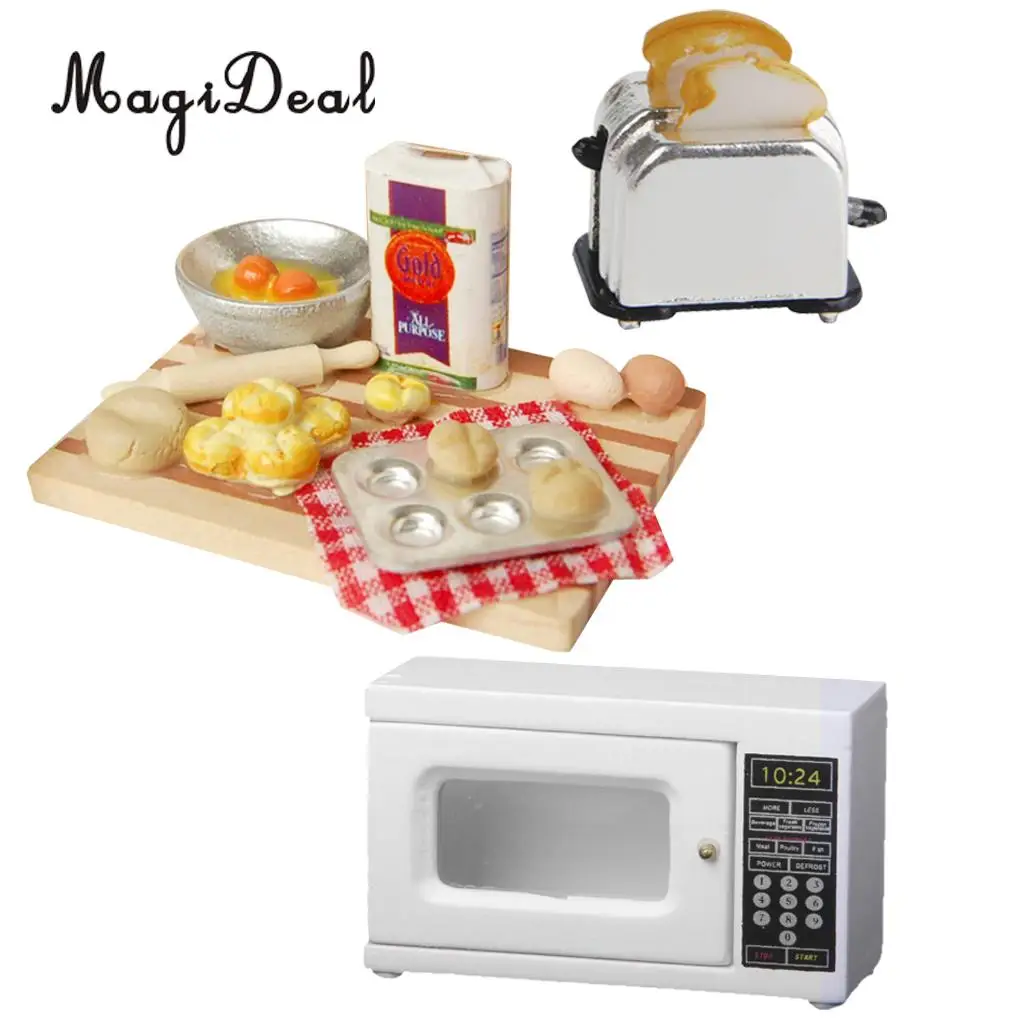 MagiDeal Colorful 1Set 1/12 Dollhouse Miniature Kitchen Food Eggs Milk Bread on Board for Kids Role Play Game Tableware Cookware