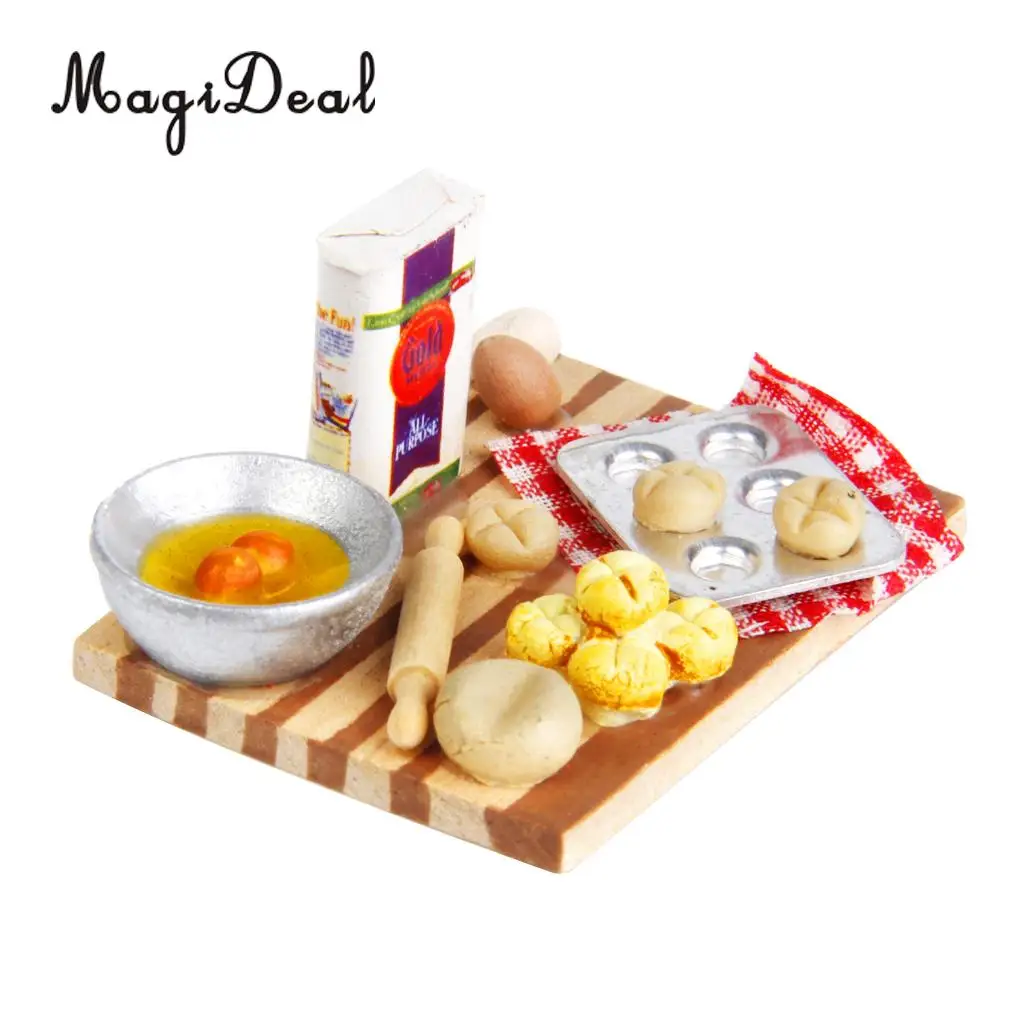 MagiDeal Colorful 1Set 1/12 Dollhouse Miniature Kitchen Food Eggs Milk Bread on Board for Kids Role Play Game Tableware Cookware