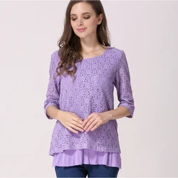 Camiseta de lactancia con encaje de manga tres cuartos transpirable