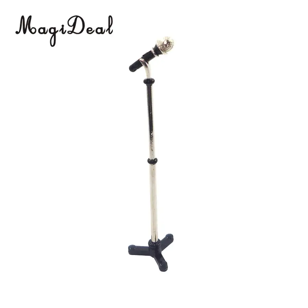 MagiDeal 1/12 Dollhouse Miniature Musical Instrument Alloy Microphone w/ Holder for Dolls House Decor Kids Toy 2Colors 9x2cm