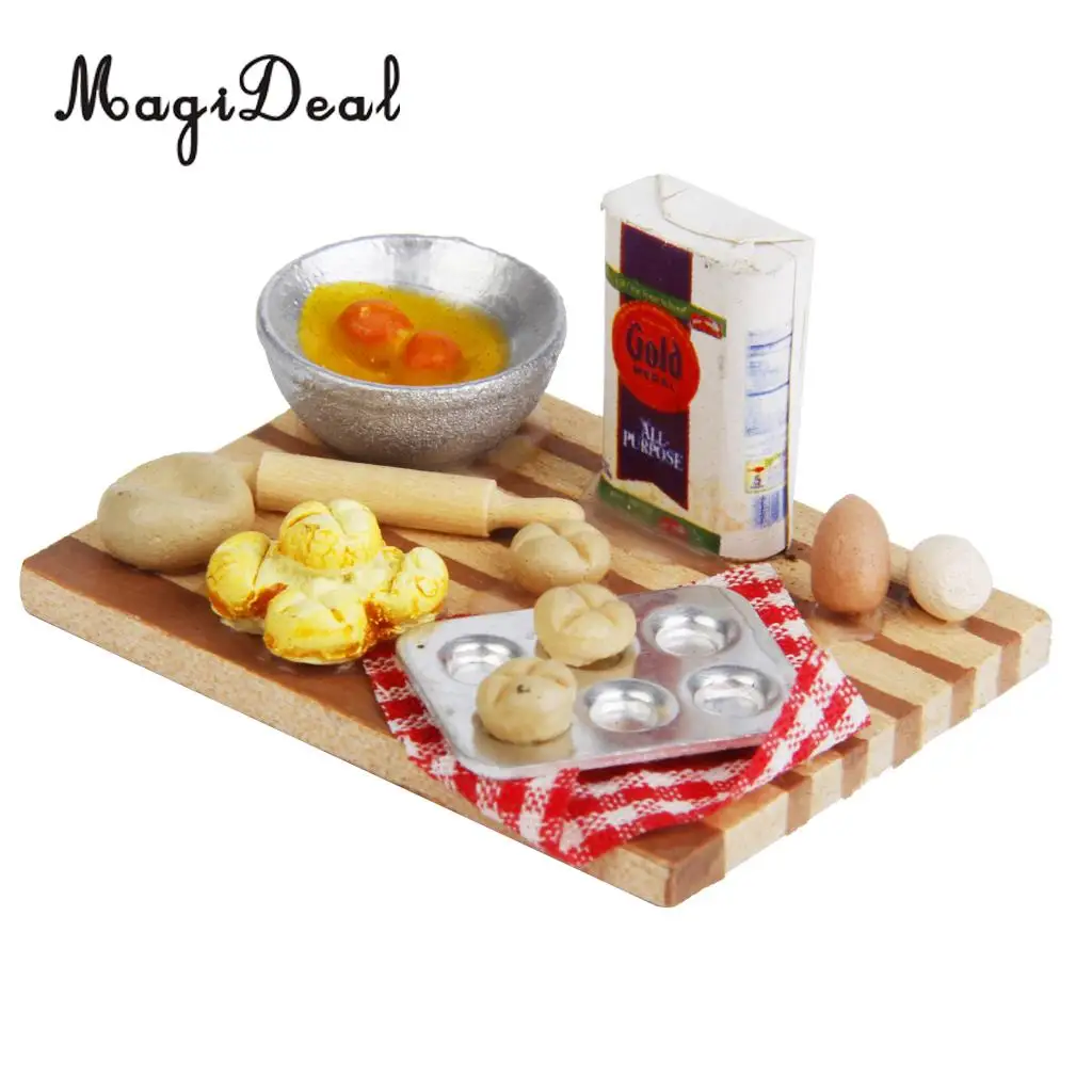 MagiDeal Colorful 1Set 1/12 Dollhouse Miniature Kitchen Food Eggs Milk Bread on Board for Kids Role Play Game Tableware Cookware