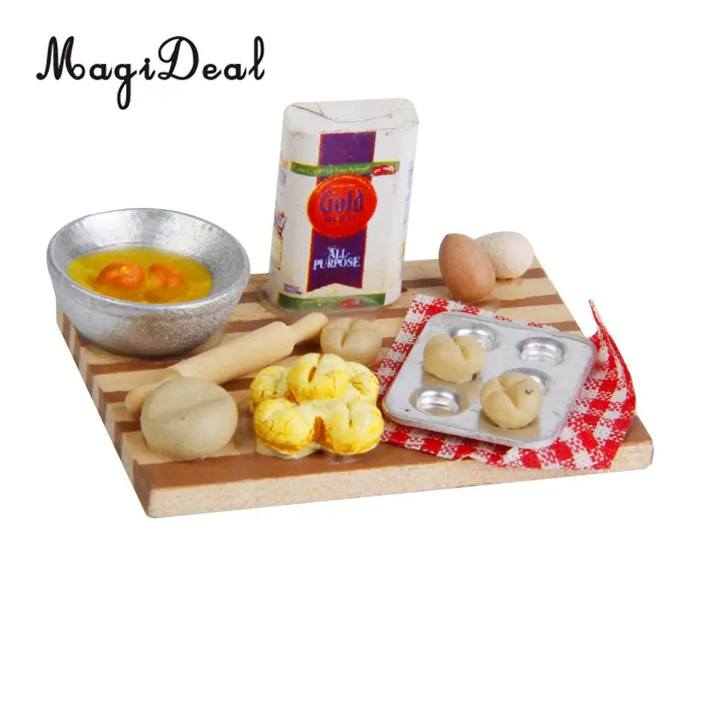 MagiDeal Colorful 1Set 1/12 Dollhouse Miniature Kitchen Food Eggs Milk Bread on Board for Kids Role Play Game Tableware Cookware